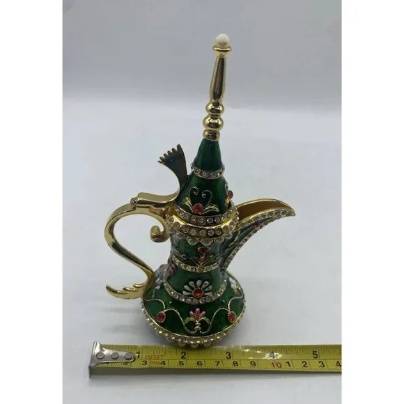 Signed Qifu Green Enamel Jeweled Arabian Nights Trinket  Stash Ring Vanity Box - Picture 10 of 12